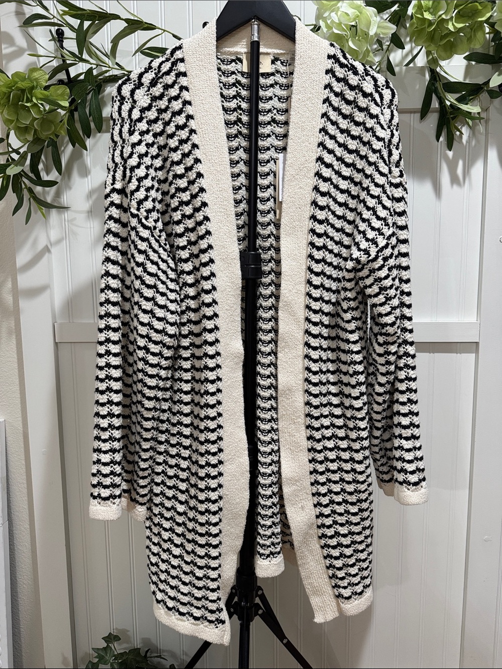 NWT! #858 ELIE TAHARI Black & Cream Open-Front Cotton Sweater Cardigan Duster